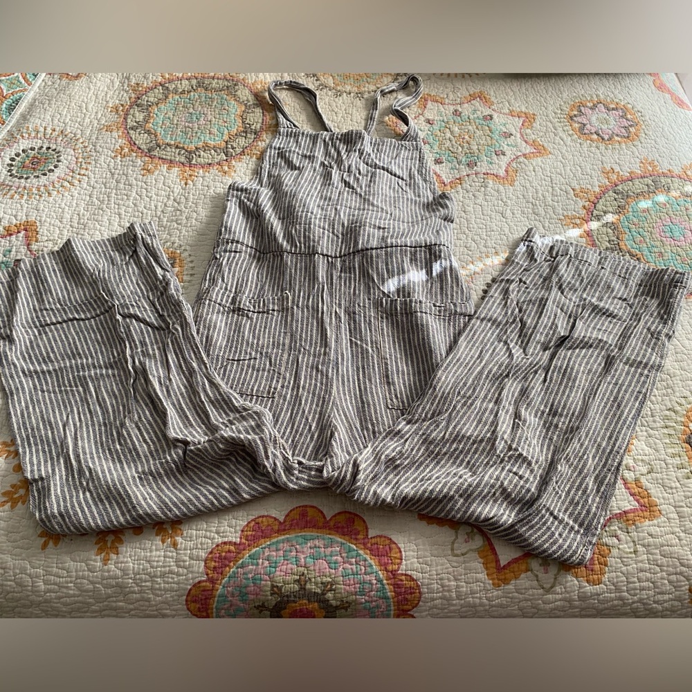 Free People Gray & Cream Striped Off the Shore Linen Blend Overall Size 0